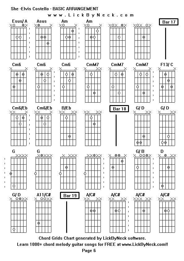 Chord Grids Chart of chord melody fingerstyle guitar song-She -Elvis Costello - BASIC ARRANGEMENT,generated by LickByNeck software.